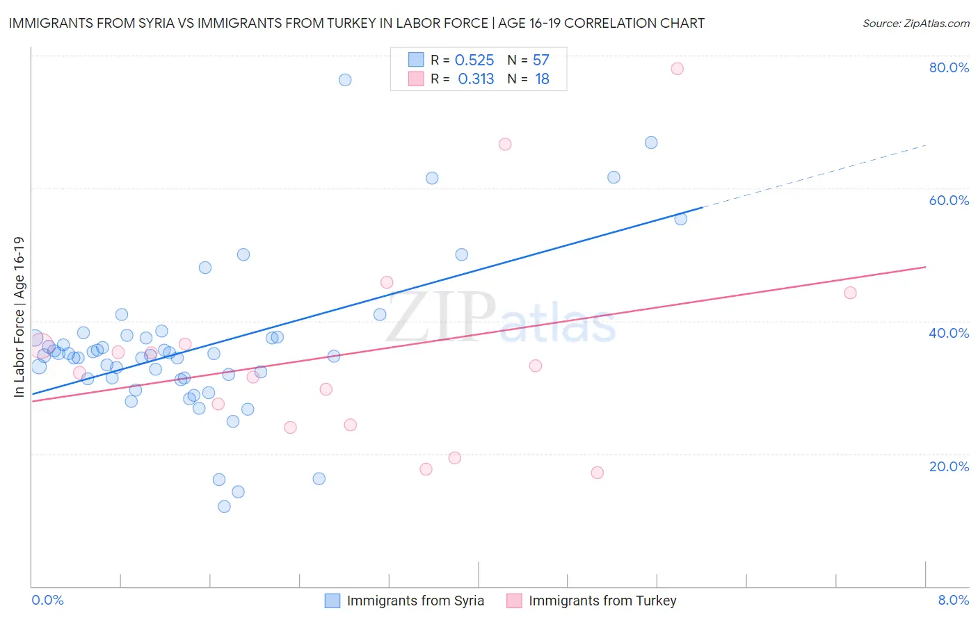 Immigrants from Syria vs Immigrants from Turkey In Labor Force | Age 16-19
