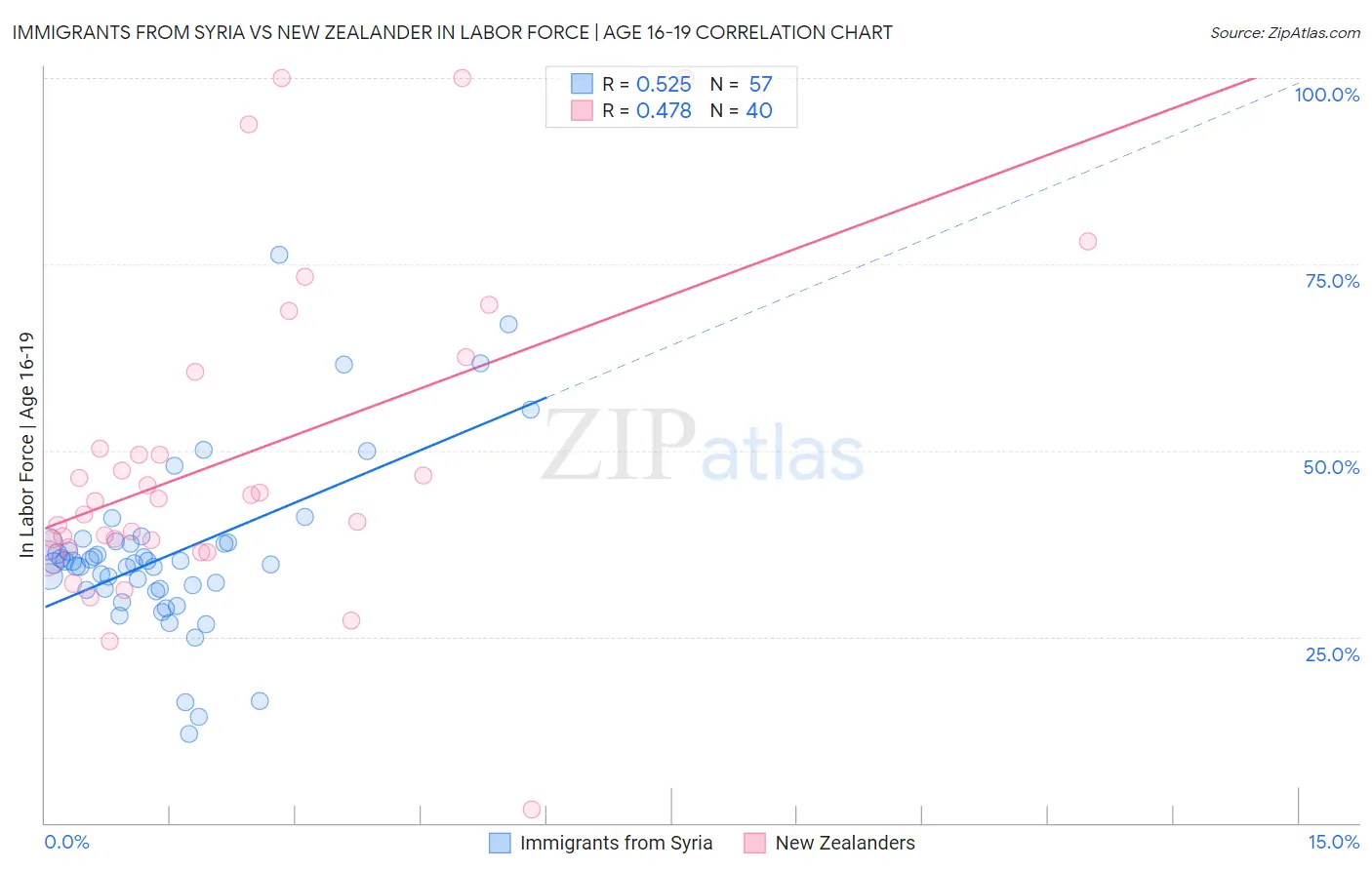 Immigrants from Syria vs New Zealander In Labor Force | Age 16-19