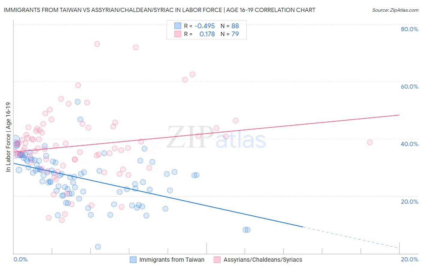 Immigrants from Taiwan vs Assyrian/Chaldean/Syriac In Labor Force | Age 16-19