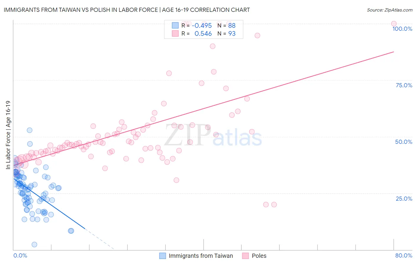 Immigrants from Taiwan vs Polish In Labor Force | Age 16-19