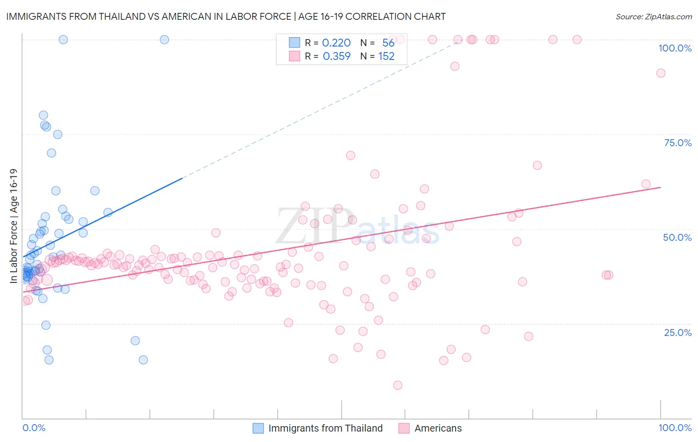 Immigrants from Thailand vs American In Labor Force | Age 16-19