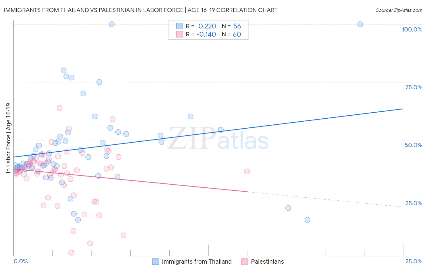 Immigrants from Thailand vs Palestinian In Labor Force | Age 16-19