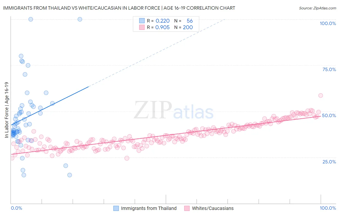 Immigrants from Thailand vs White/Caucasian In Labor Force | Age 16-19