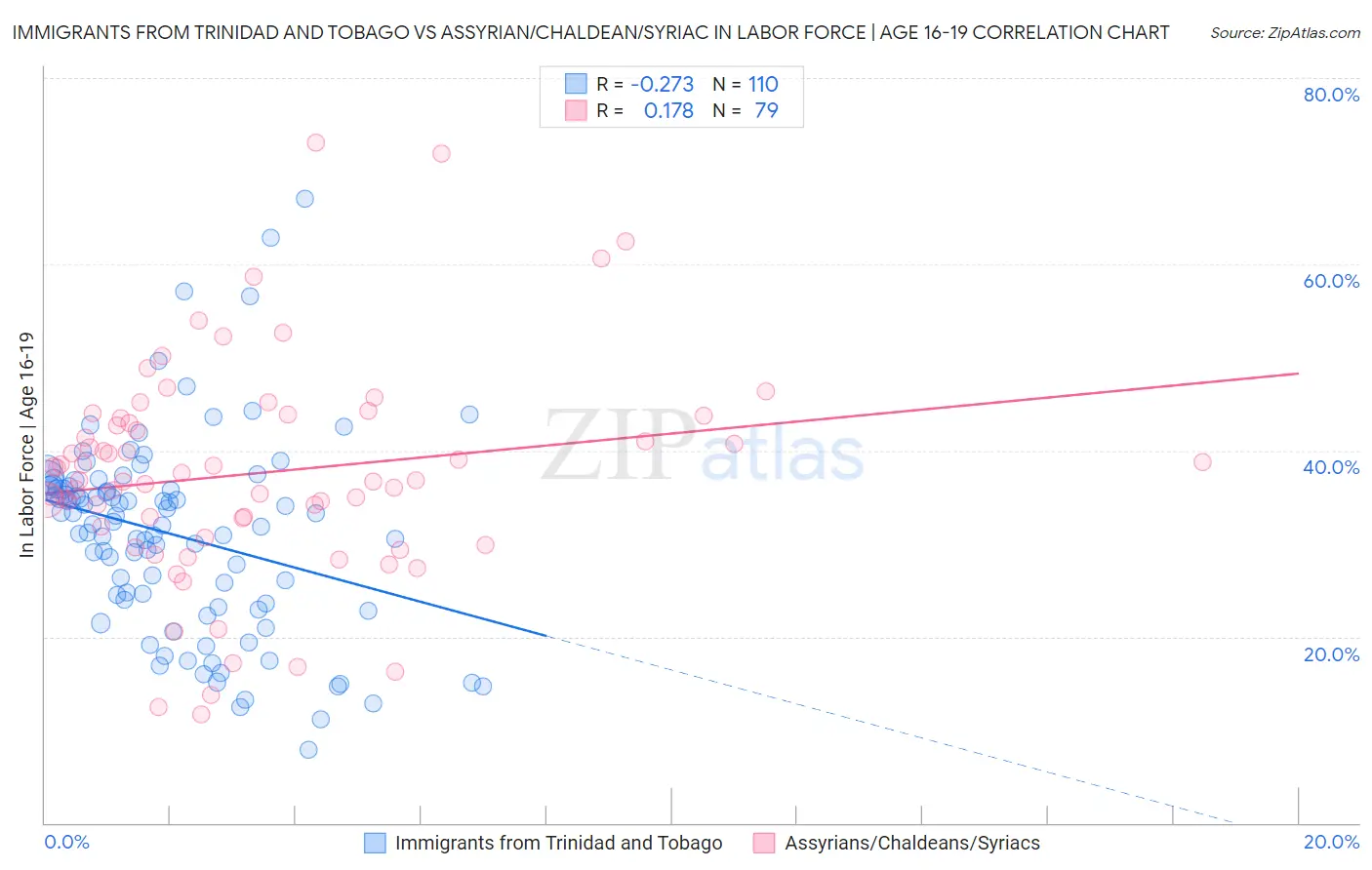 Immigrants from Trinidad and Tobago vs Assyrian/Chaldean/Syriac In Labor Force | Age 16-19