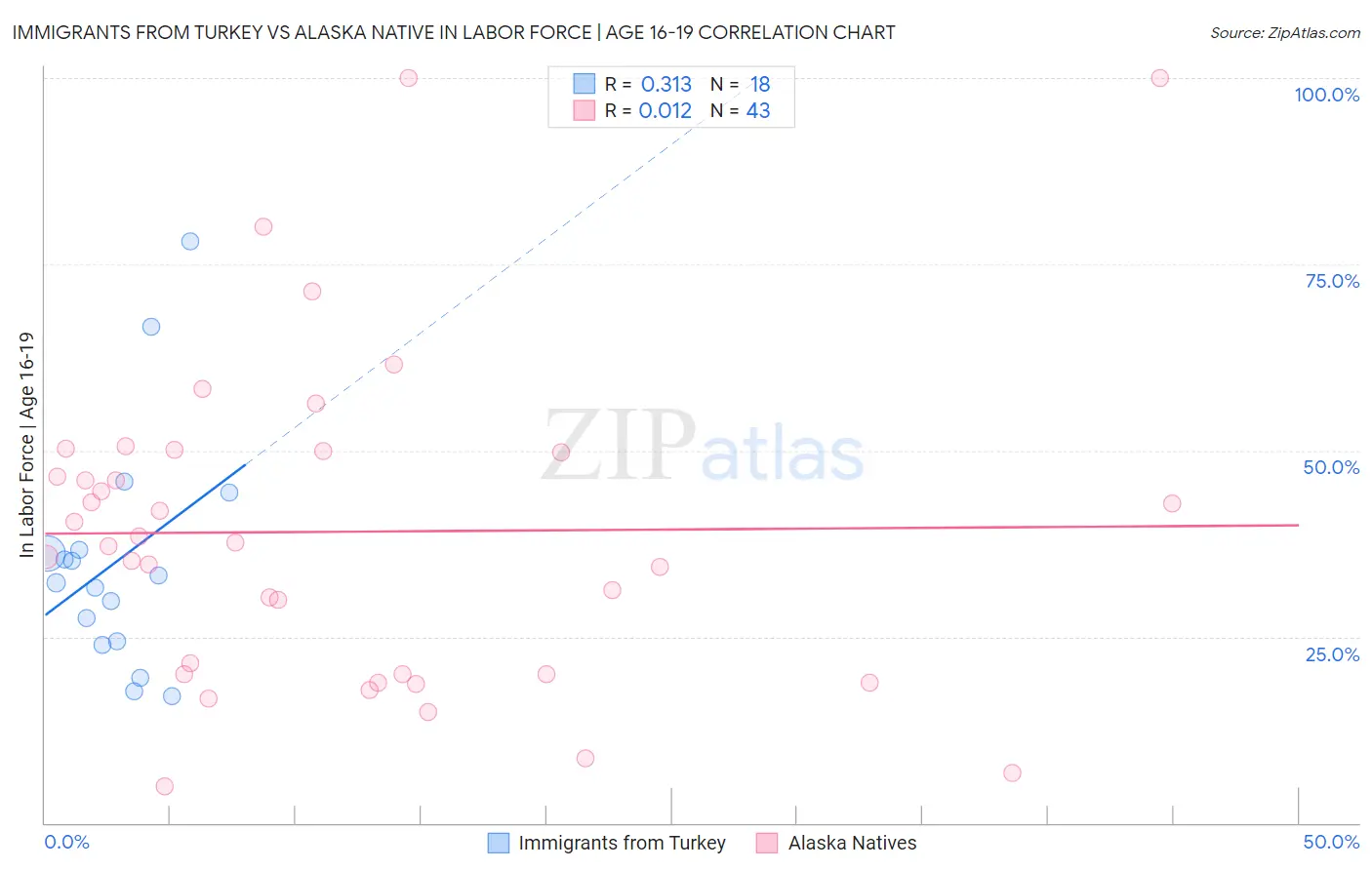 Immigrants from Turkey vs Alaska Native In Labor Force | Age 16-19