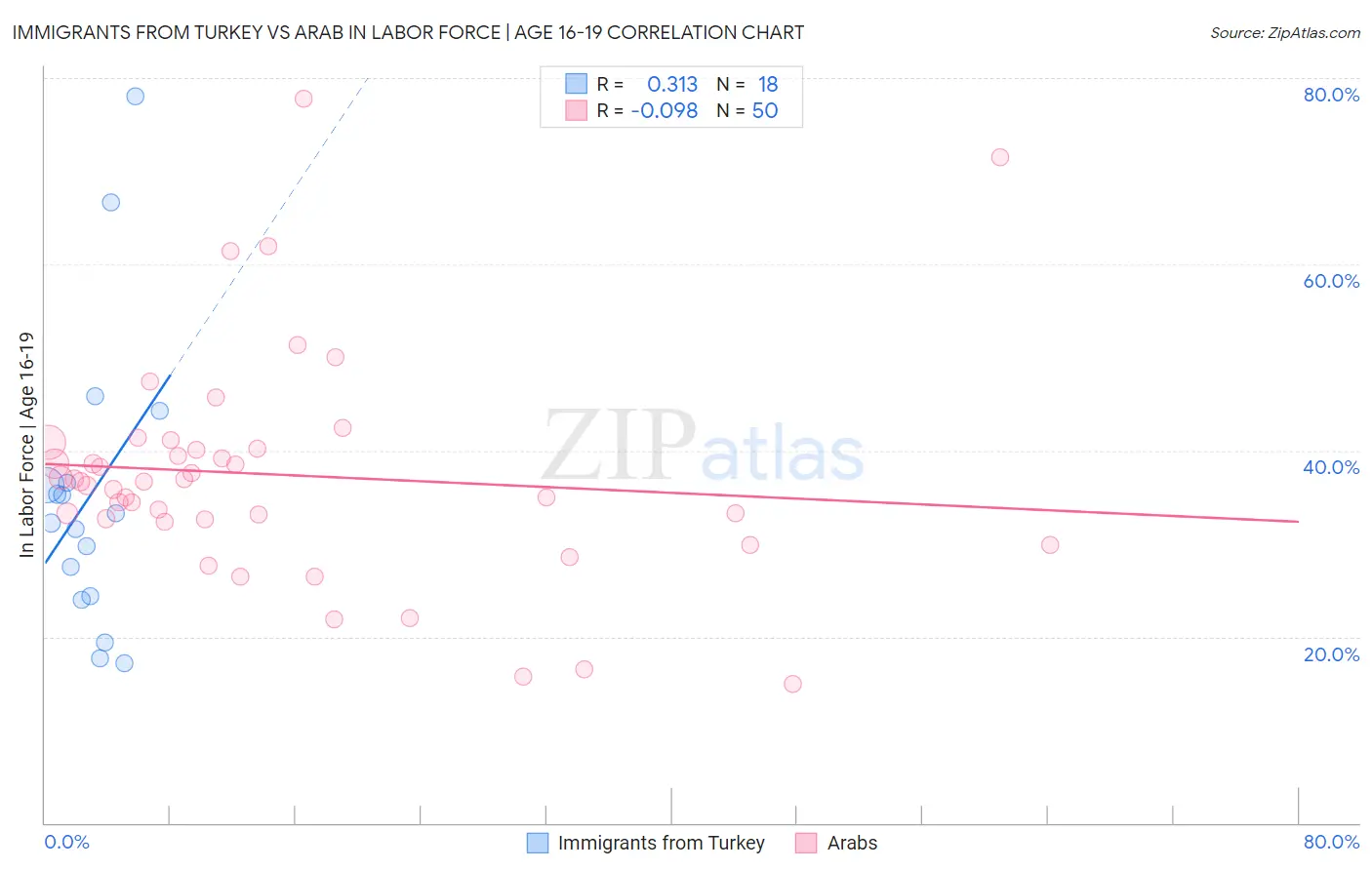 Immigrants from Turkey vs Arab In Labor Force | Age 16-19