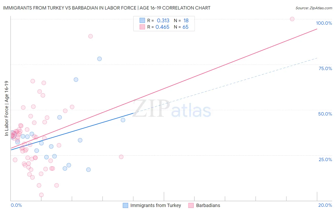 Immigrants from Turkey vs Barbadian In Labor Force | Age 16-19