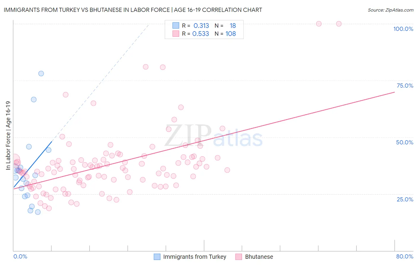 Immigrants from Turkey vs Bhutanese In Labor Force | Age 16-19