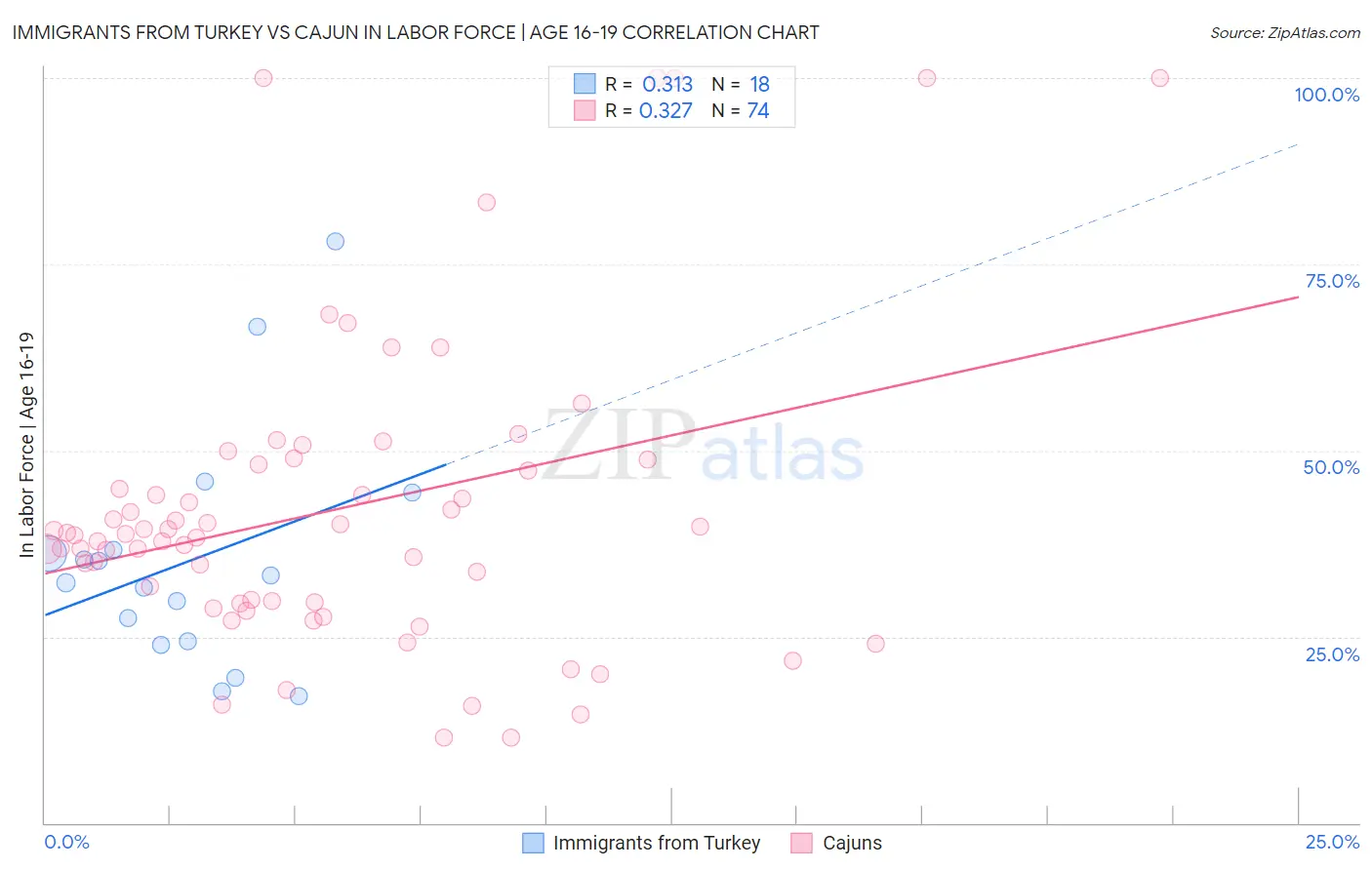 Immigrants from Turkey vs Cajun In Labor Force | Age 16-19