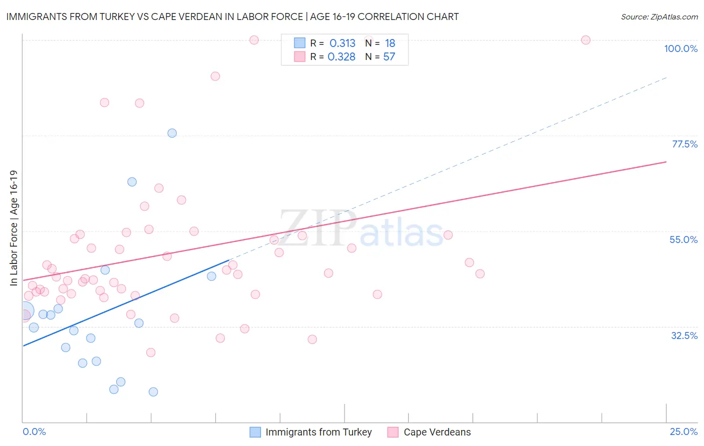 Immigrants from Turkey vs Cape Verdean In Labor Force | Age 16-19