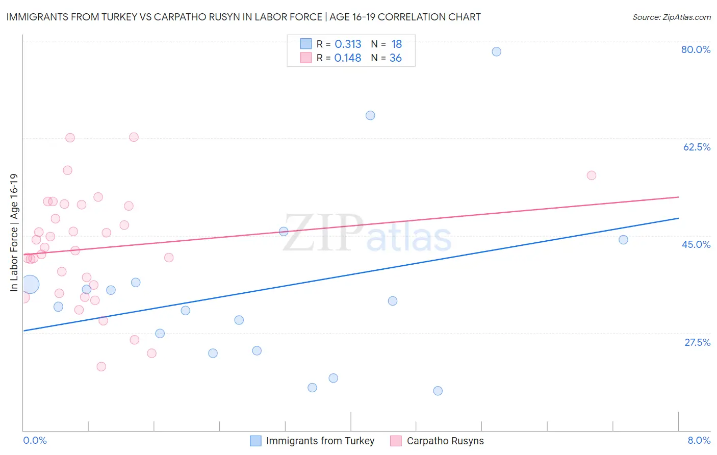 Immigrants from Turkey vs Carpatho Rusyn In Labor Force | Age 16-19