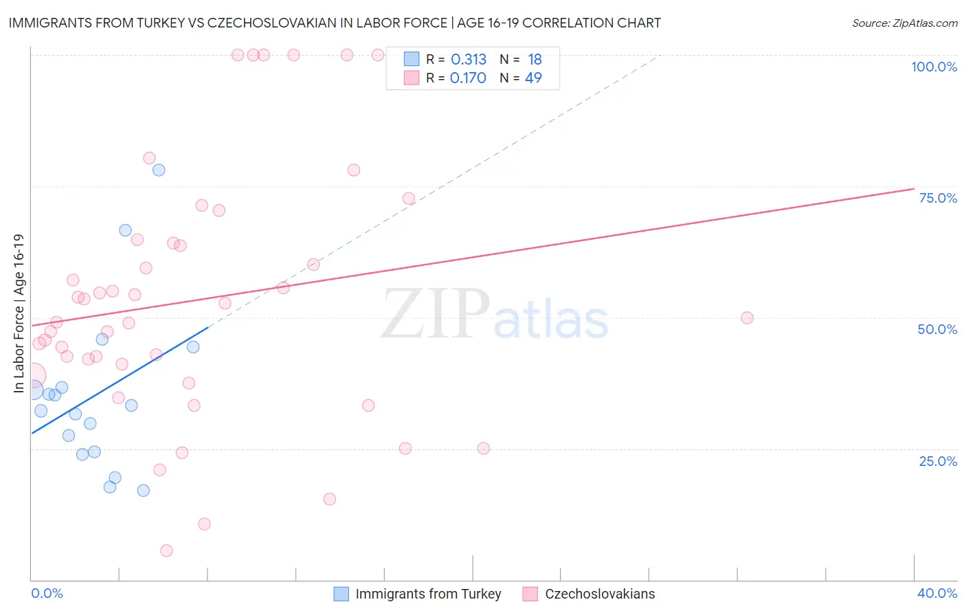Immigrants from Turkey vs Czechoslovakian In Labor Force | Age 16-19