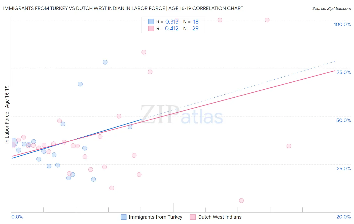 Immigrants from Turkey vs Dutch West Indian In Labor Force | Age 16-19
