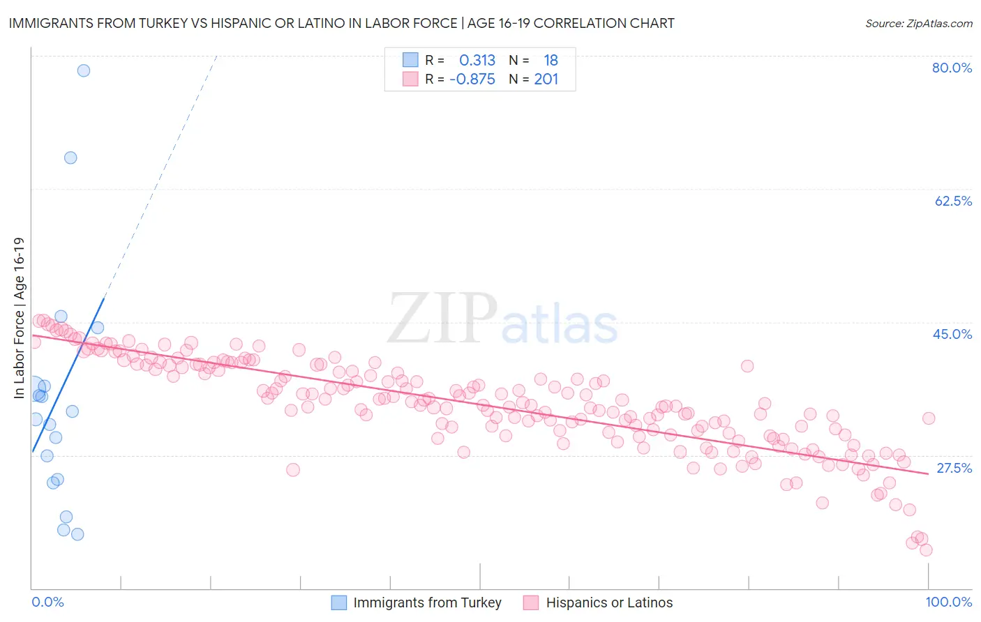 Immigrants from Turkey vs Hispanic or Latino In Labor Force | Age 16-19