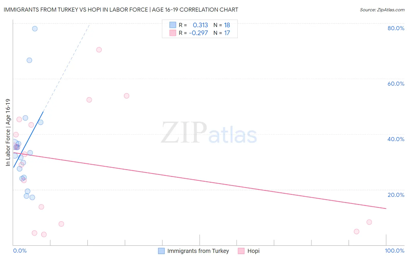 Immigrants from Turkey vs Hopi In Labor Force | Age 16-19