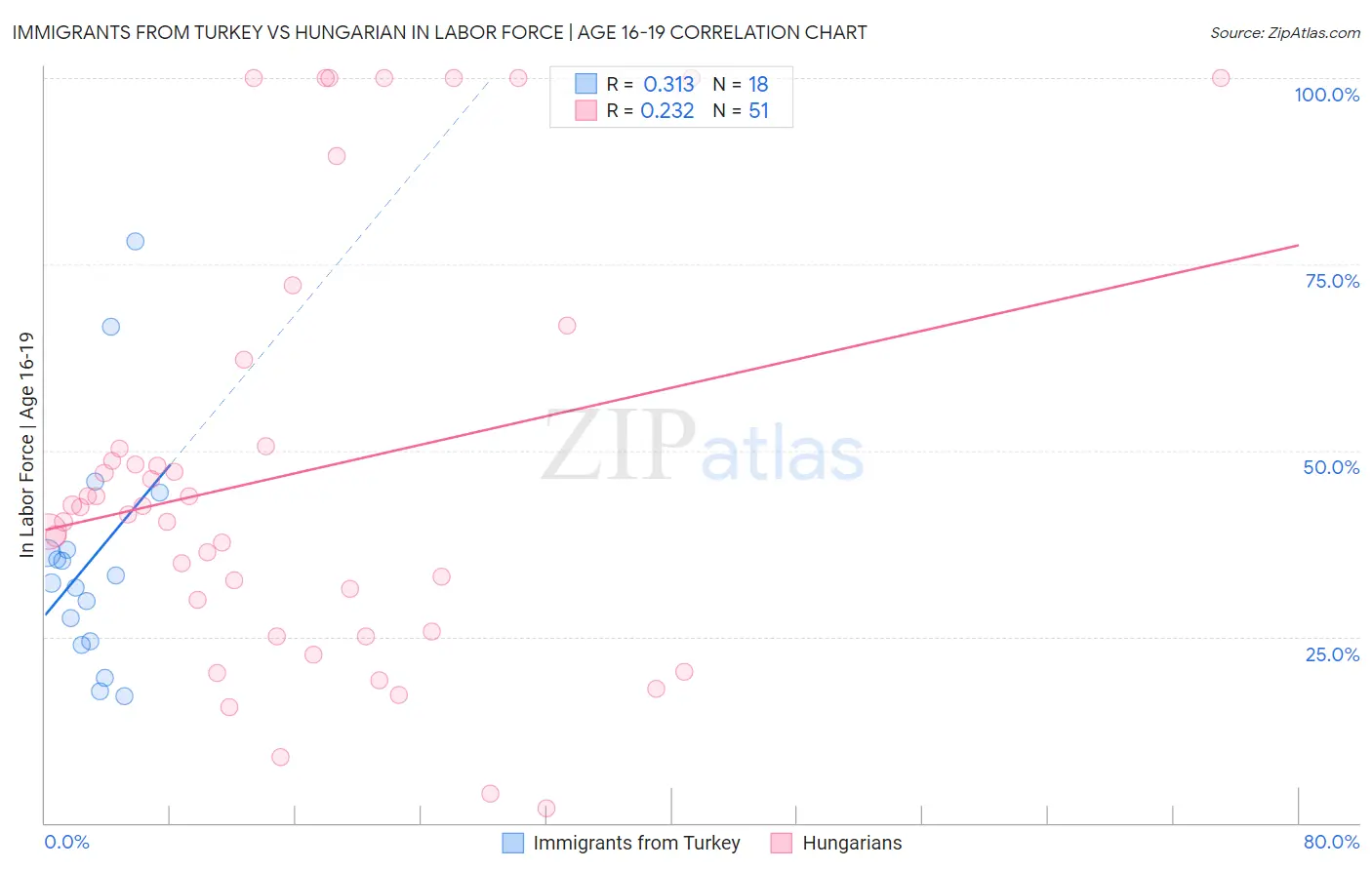 Immigrants from Turkey vs Hungarian In Labor Force | Age 16-19