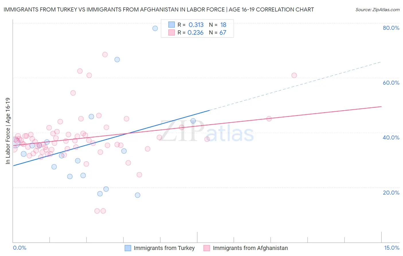 Immigrants from Turkey vs Immigrants from Afghanistan In Labor Force | Age 16-19