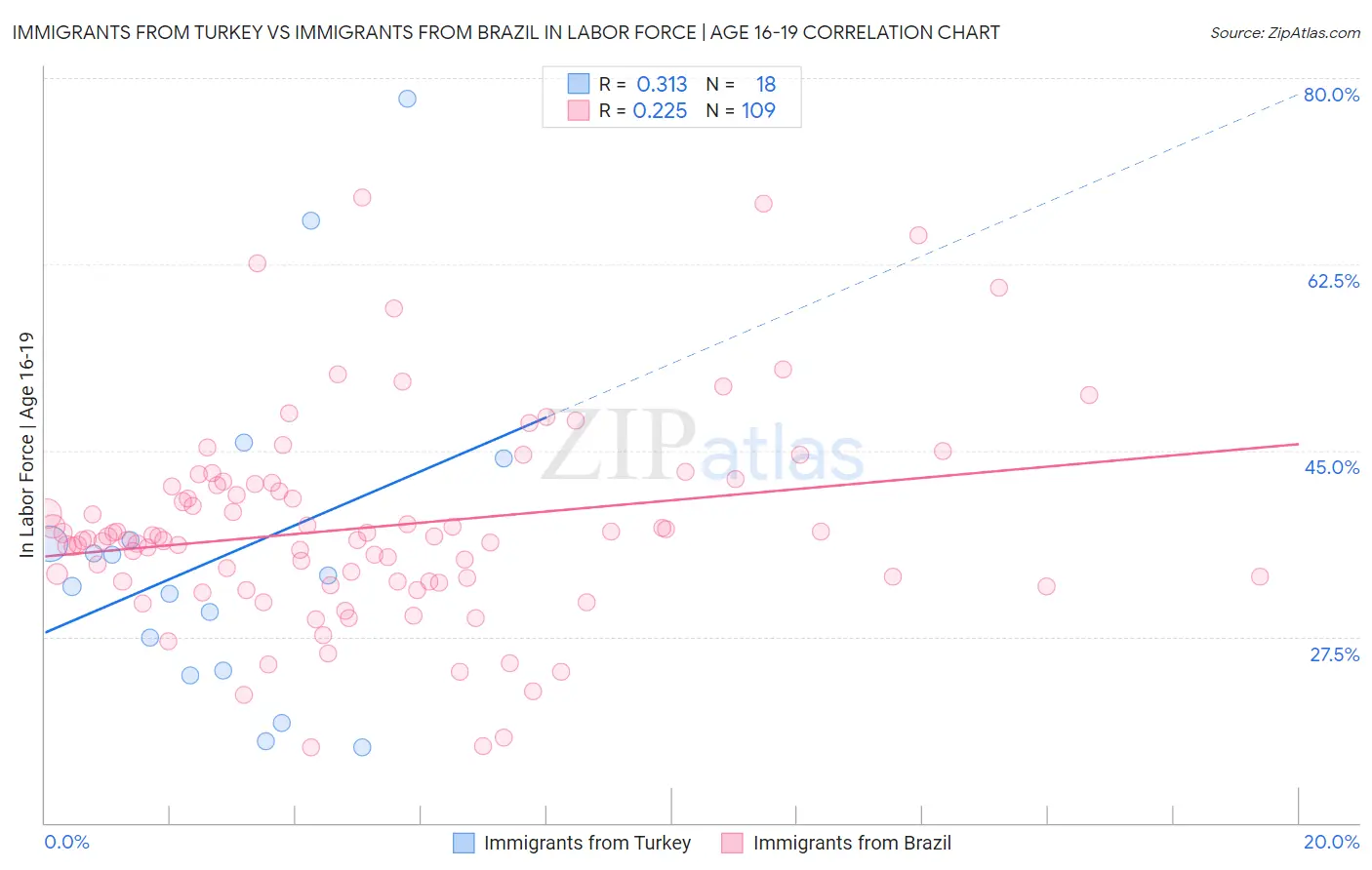 Immigrants from Turkey vs Immigrants from Brazil In Labor Force | Age 16-19