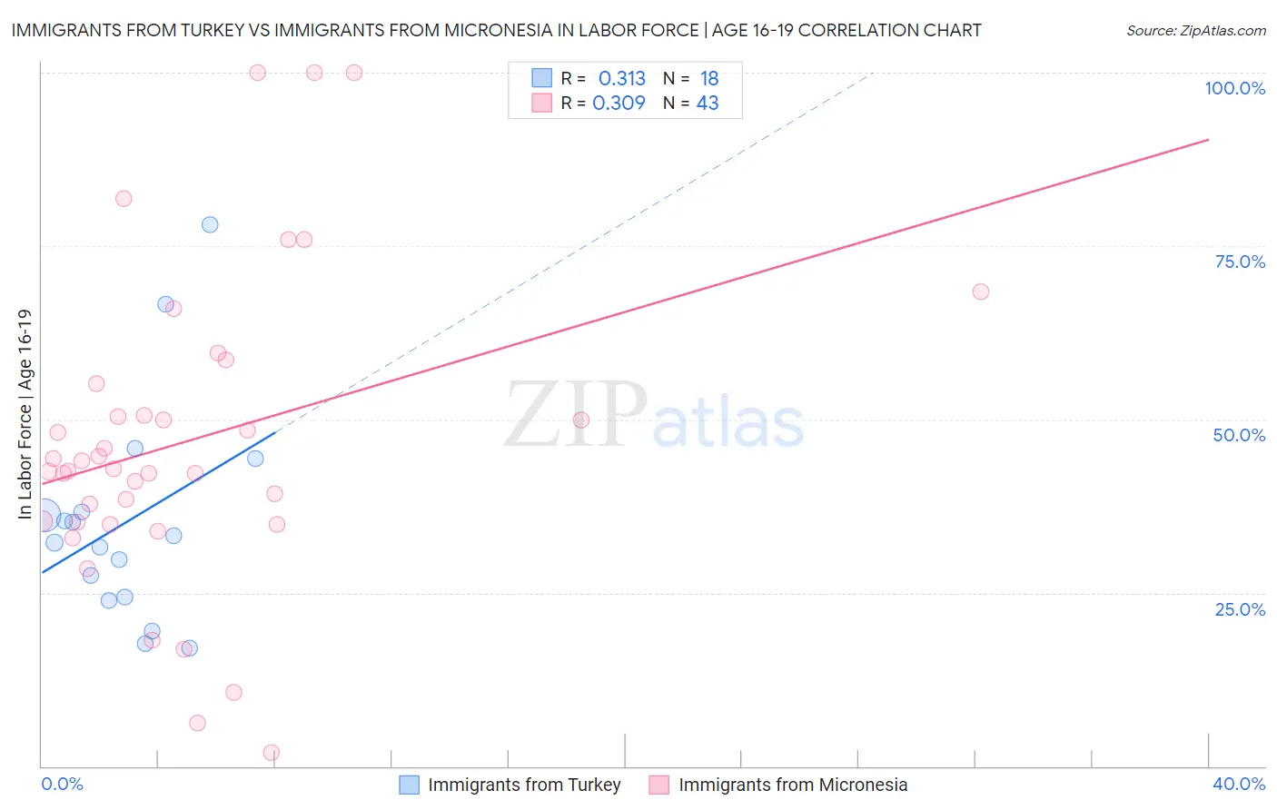 Immigrants from Turkey vs Immigrants from Micronesia In Labor Force | Age 16-19