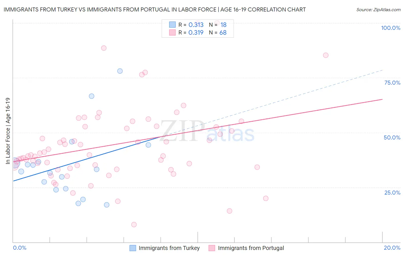 Immigrants from Turkey vs Immigrants from Portugal In Labor Force | Age 16-19
