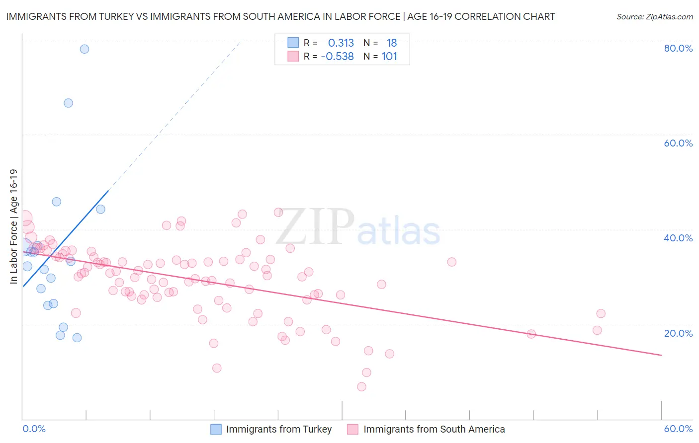 Immigrants from Turkey vs Immigrants from South America In Labor Force | Age 16-19