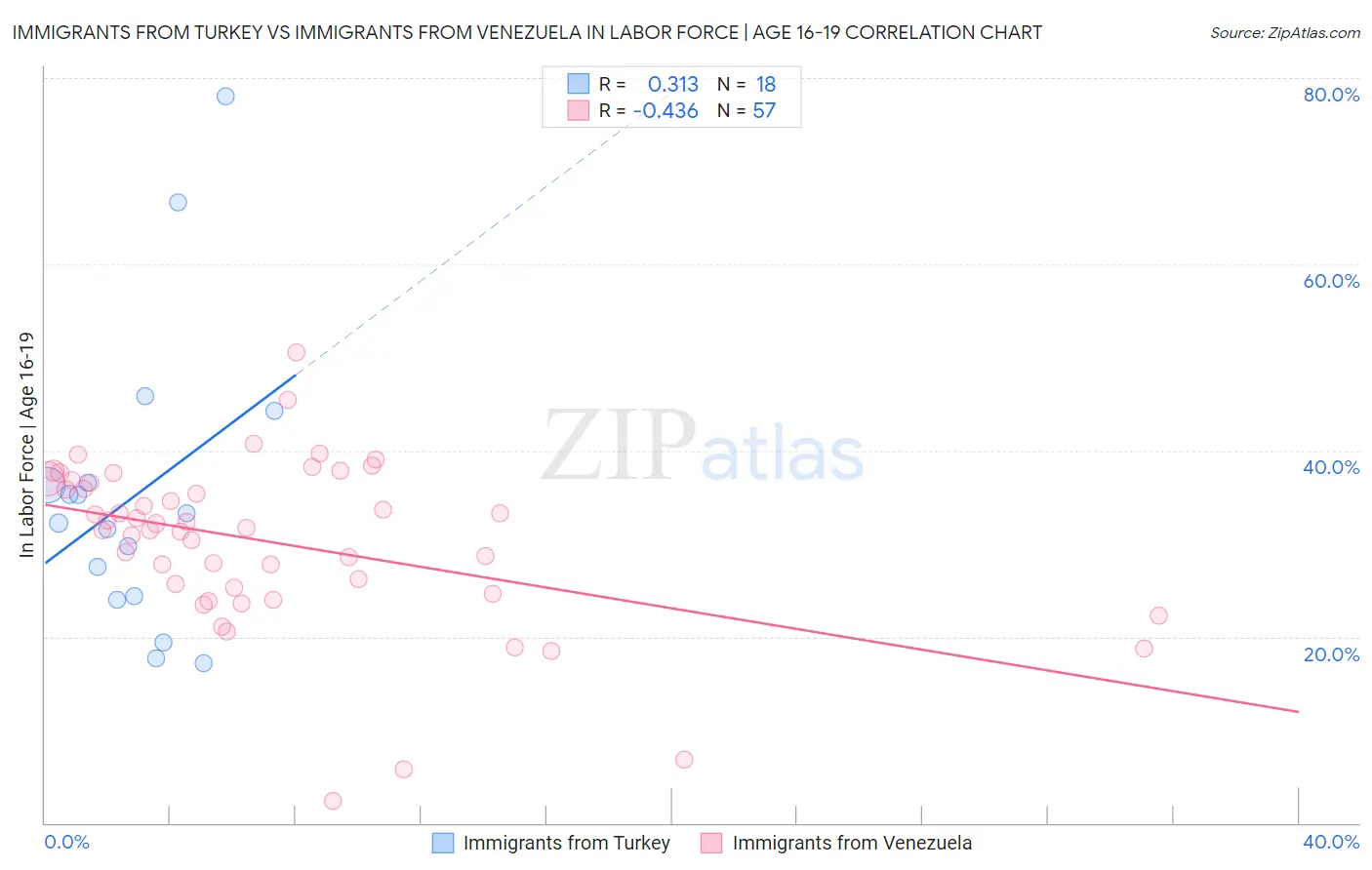 Immigrants from Turkey vs Immigrants from Venezuela In Labor Force | Age 16-19