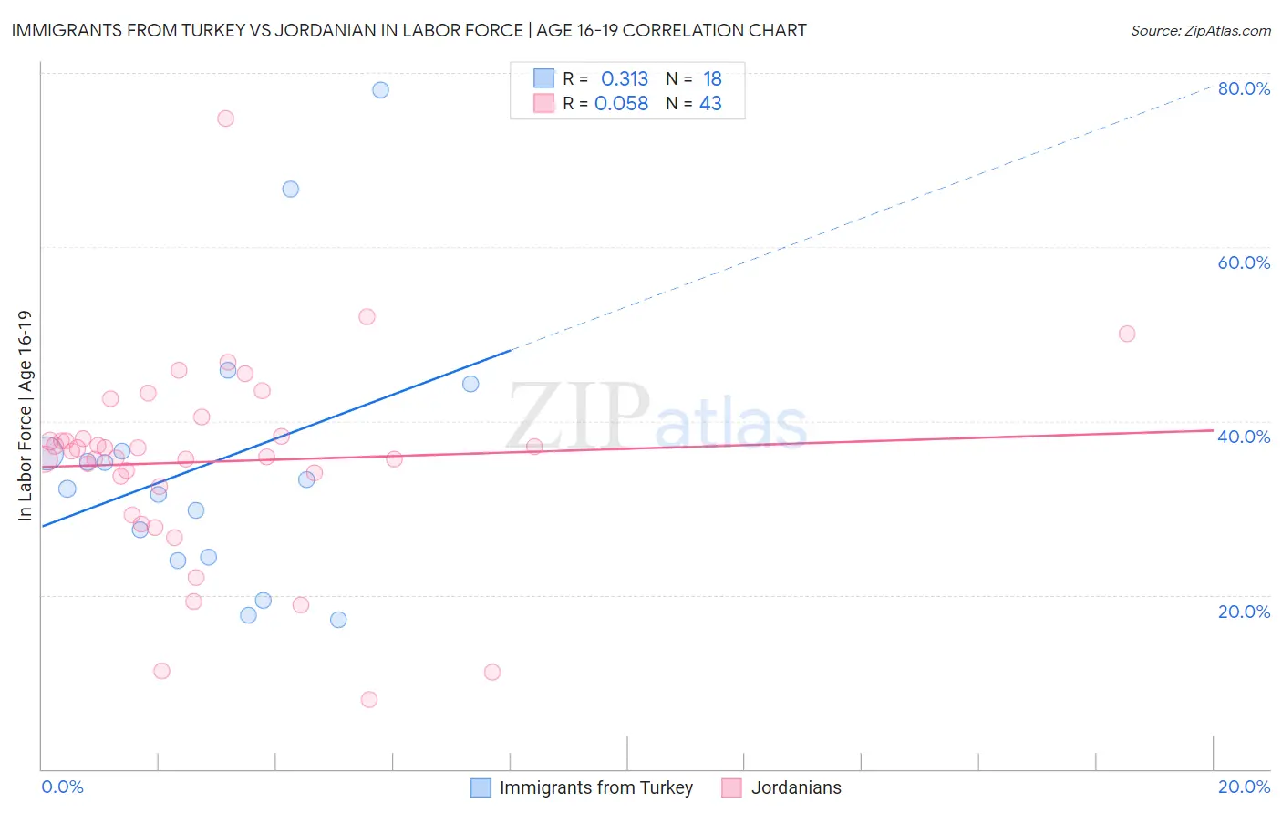 Immigrants from Turkey vs Jordanian In Labor Force | Age 16-19