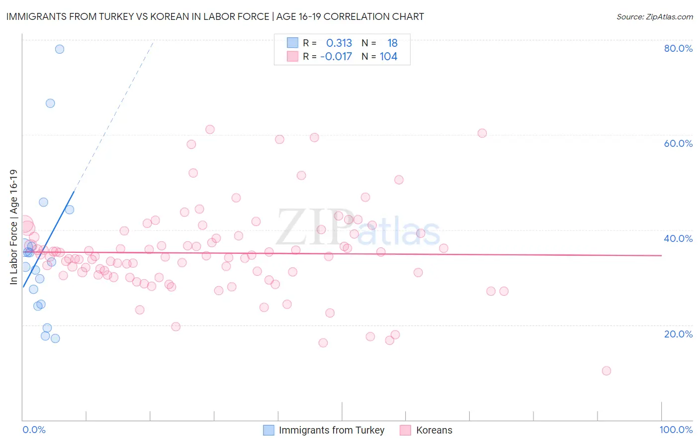 Immigrants from Turkey vs Korean In Labor Force | Age 16-19