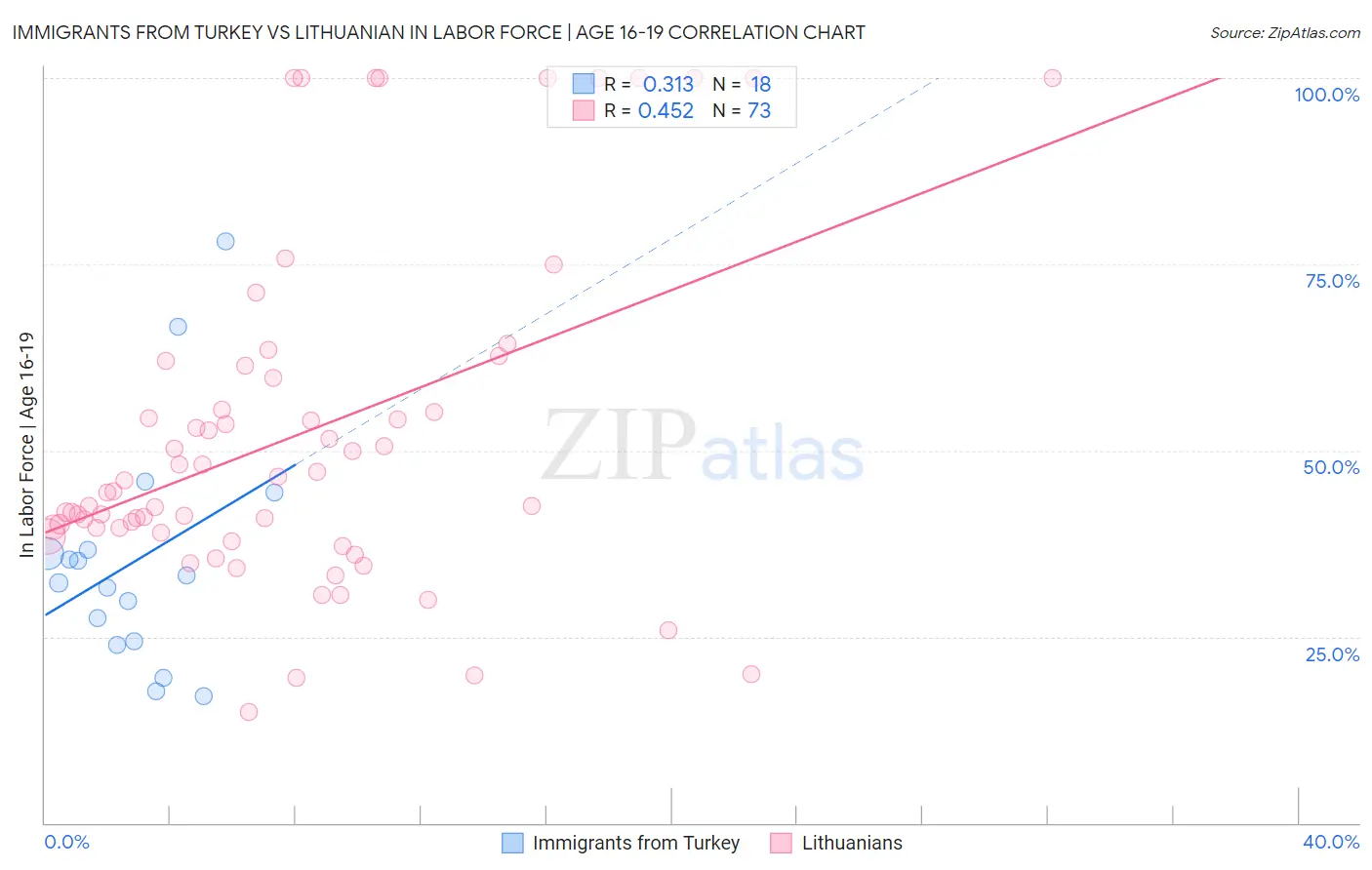 Immigrants from Turkey vs Lithuanian In Labor Force | Age 16-19