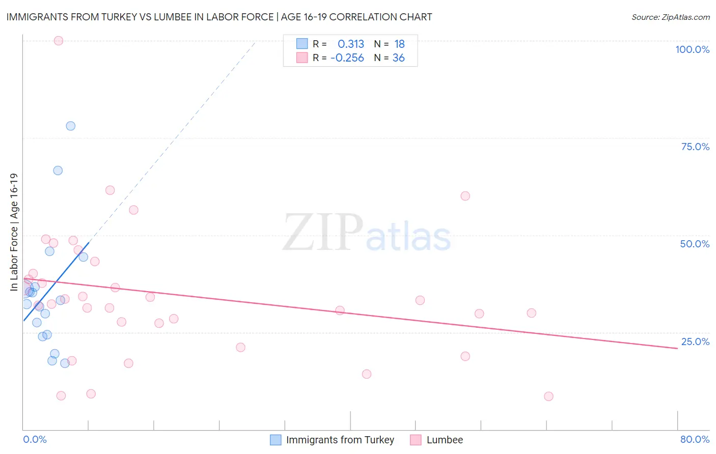 Immigrants from Turkey vs Lumbee In Labor Force | Age 16-19