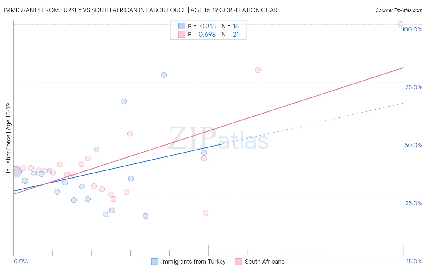Immigrants from Turkey vs South African In Labor Force | Age 16-19