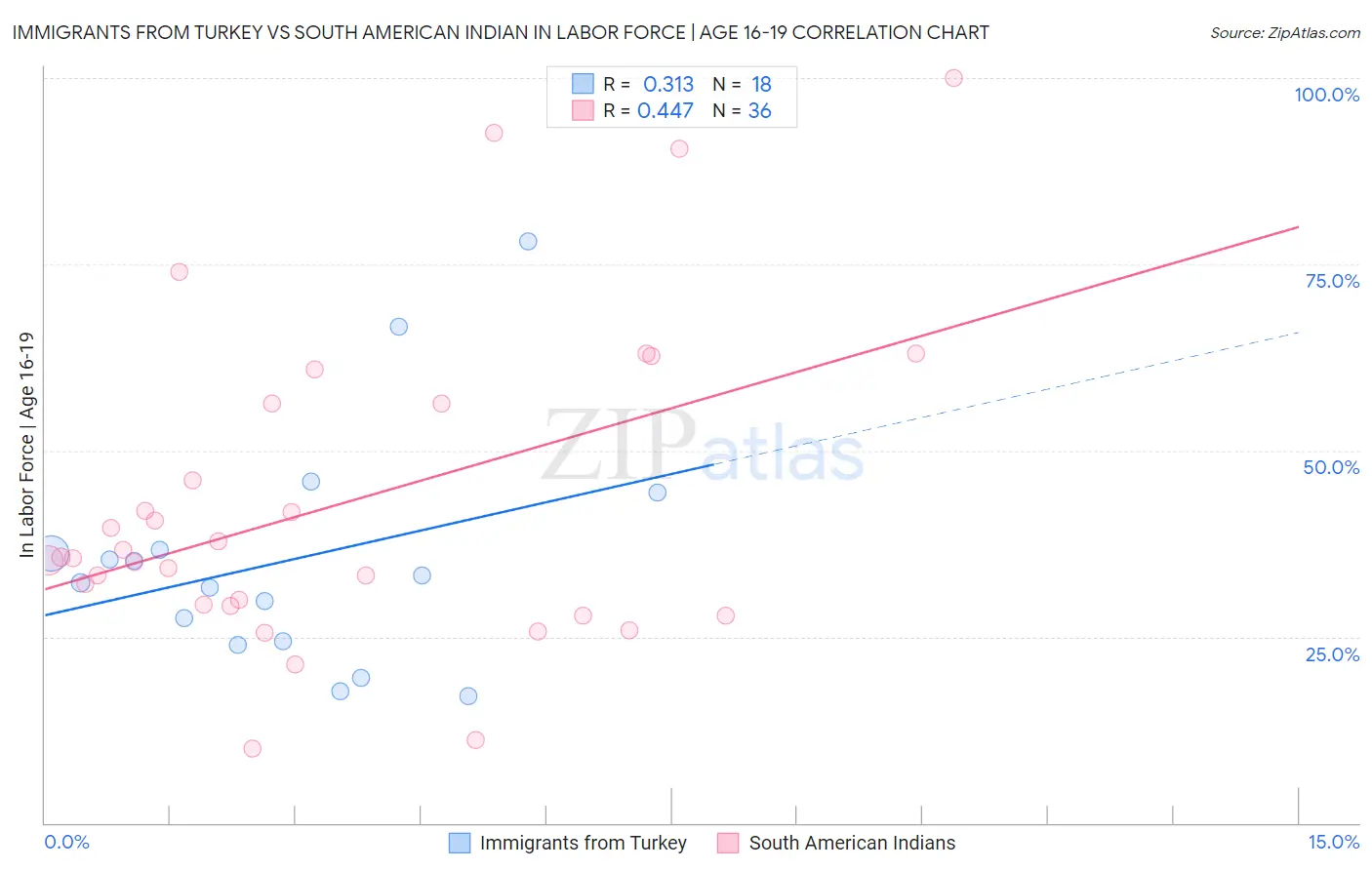 Immigrants from Turkey vs South American Indian In Labor Force | Age 16-19