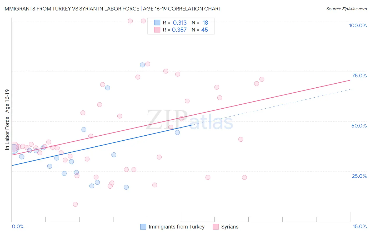 Immigrants from Turkey vs Syrian In Labor Force | Age 16-19