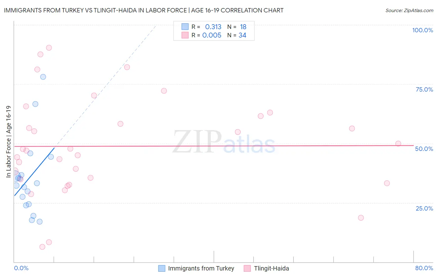 Immigrants from Turkey vs Tlingit-Haida In Labor Force | Age 16-19