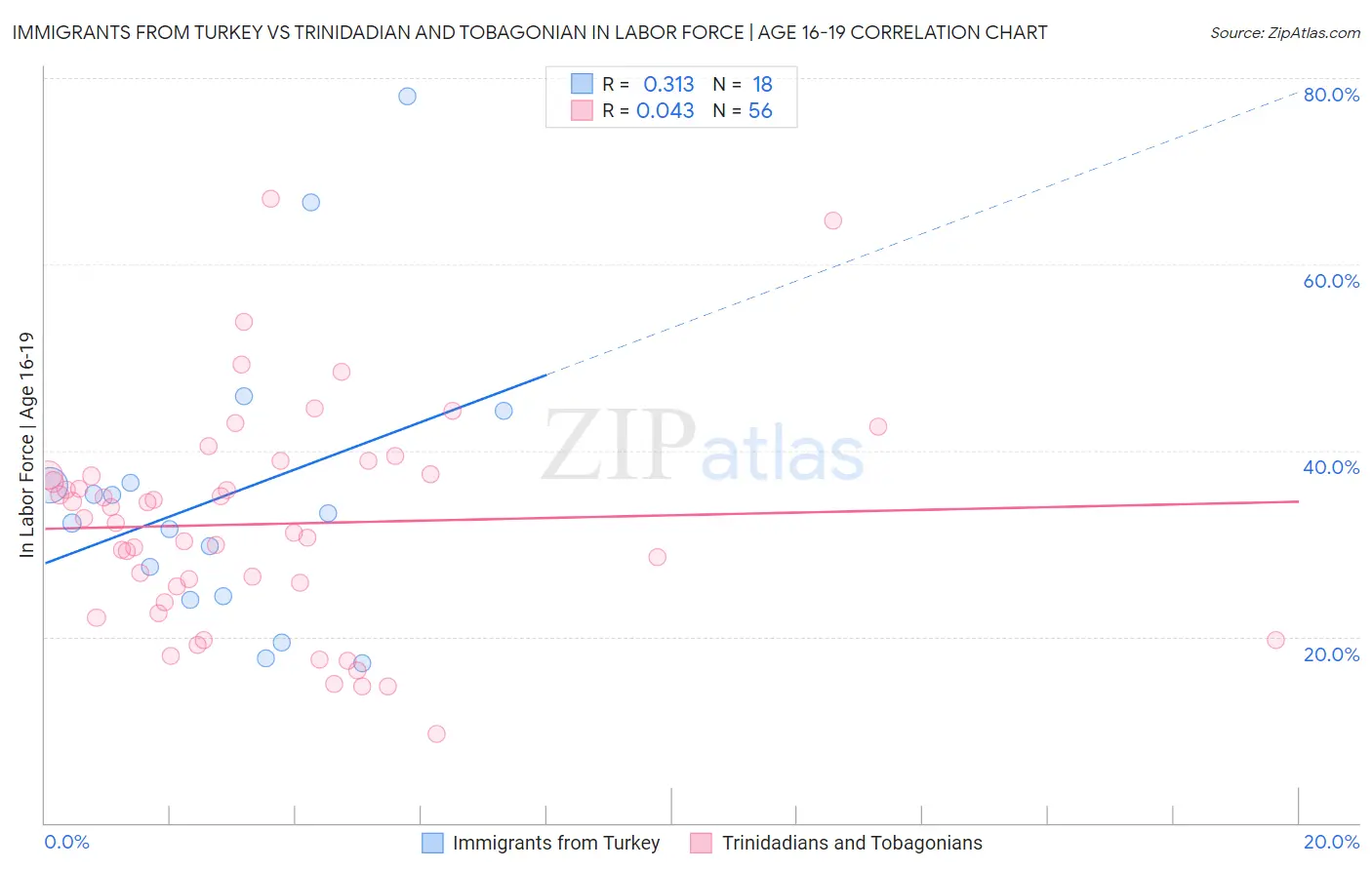 Immigrants from Turkey vs Trinidadian and Tobagonian In Labor Force | Age 16-19