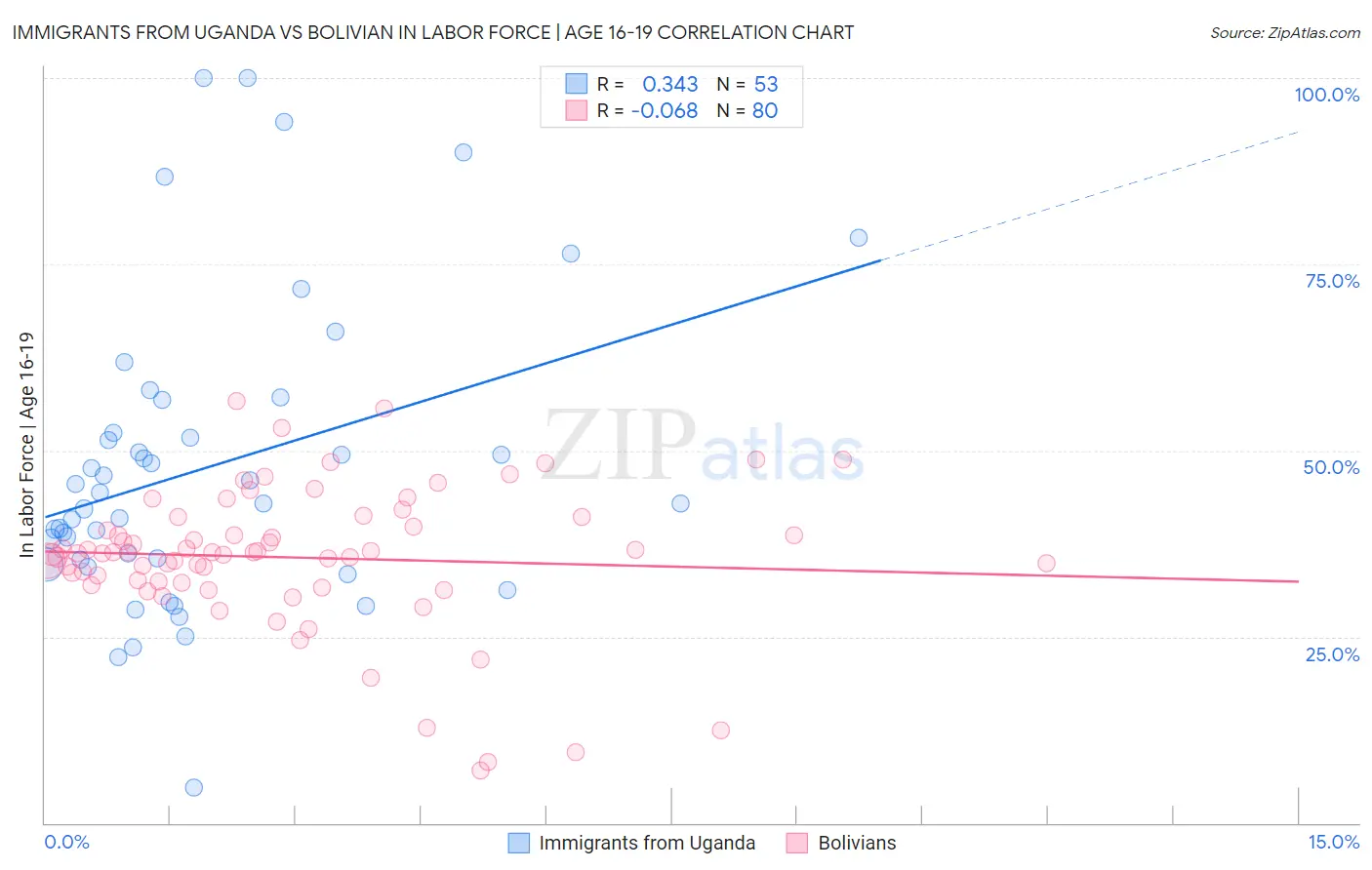Immigrants from Uganda vs Bolivian In Labor Force | Age 16-19