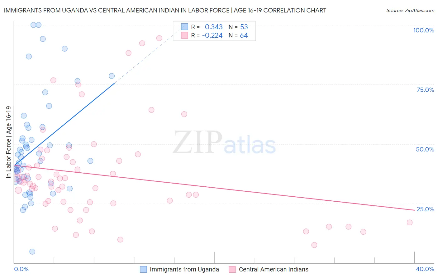 Immigrants from Uganda vs Central American Indian In Labor Force | Age 16-19