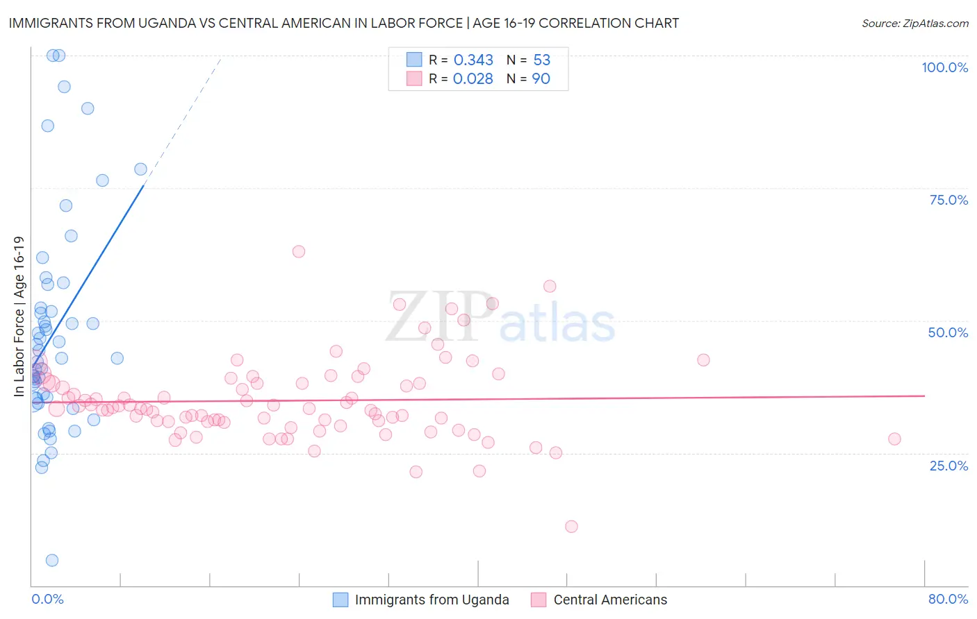 Immigrants from Uganda vs Central American In Labor Force | Age 16-19