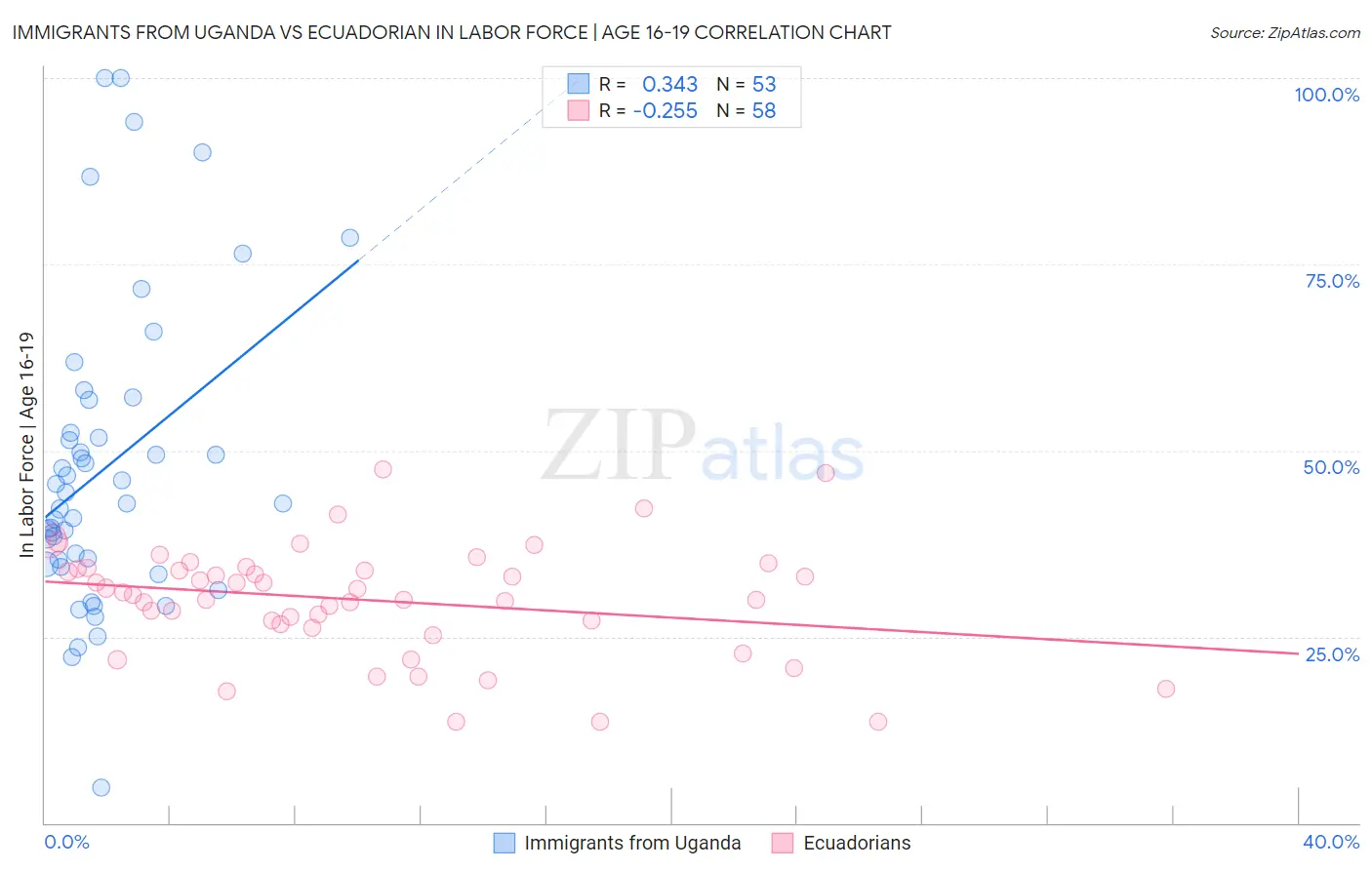 Immigrants from Uganda vs Ecuadorian In Labor Force | Age 16-19