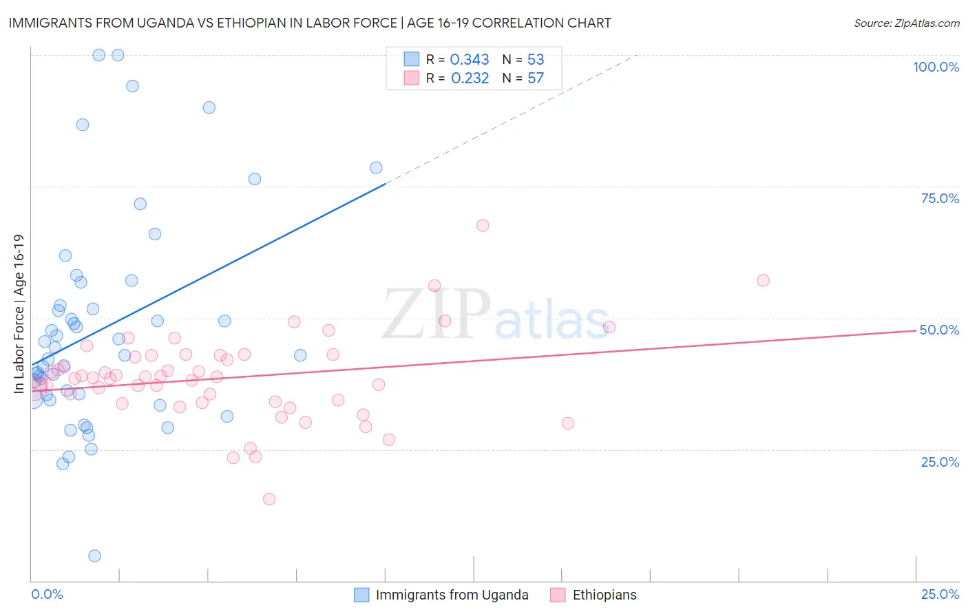 Immigrants from Uganda vs Ethiopian In Labor Force | Age 16-19