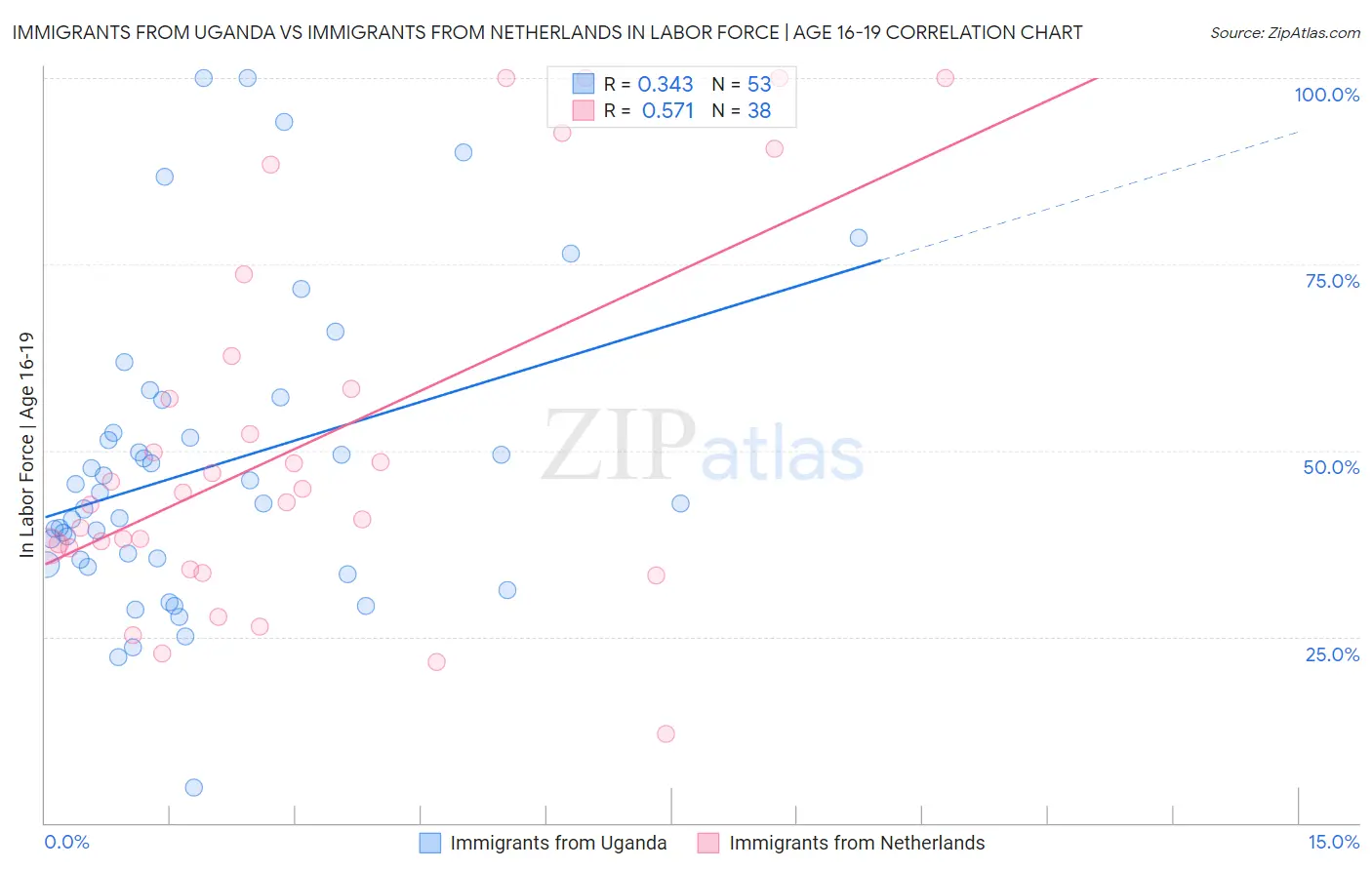 Immigrants from Uganda vs Immigrants from Netherlands In Labor Force | Age 16-19