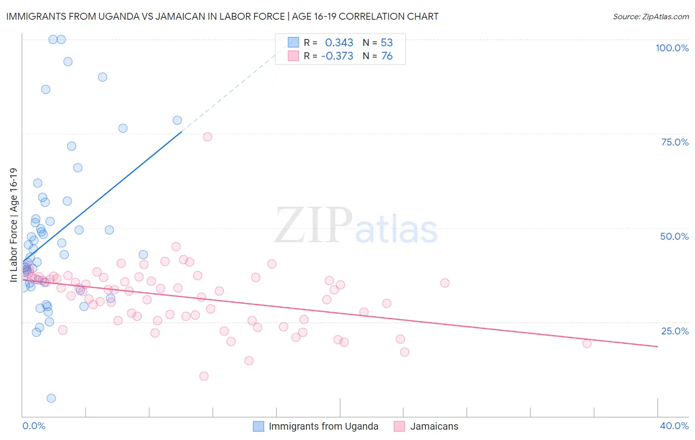 Immigrants from Uganda vs Jamaican In Labor Force | Age 16-19