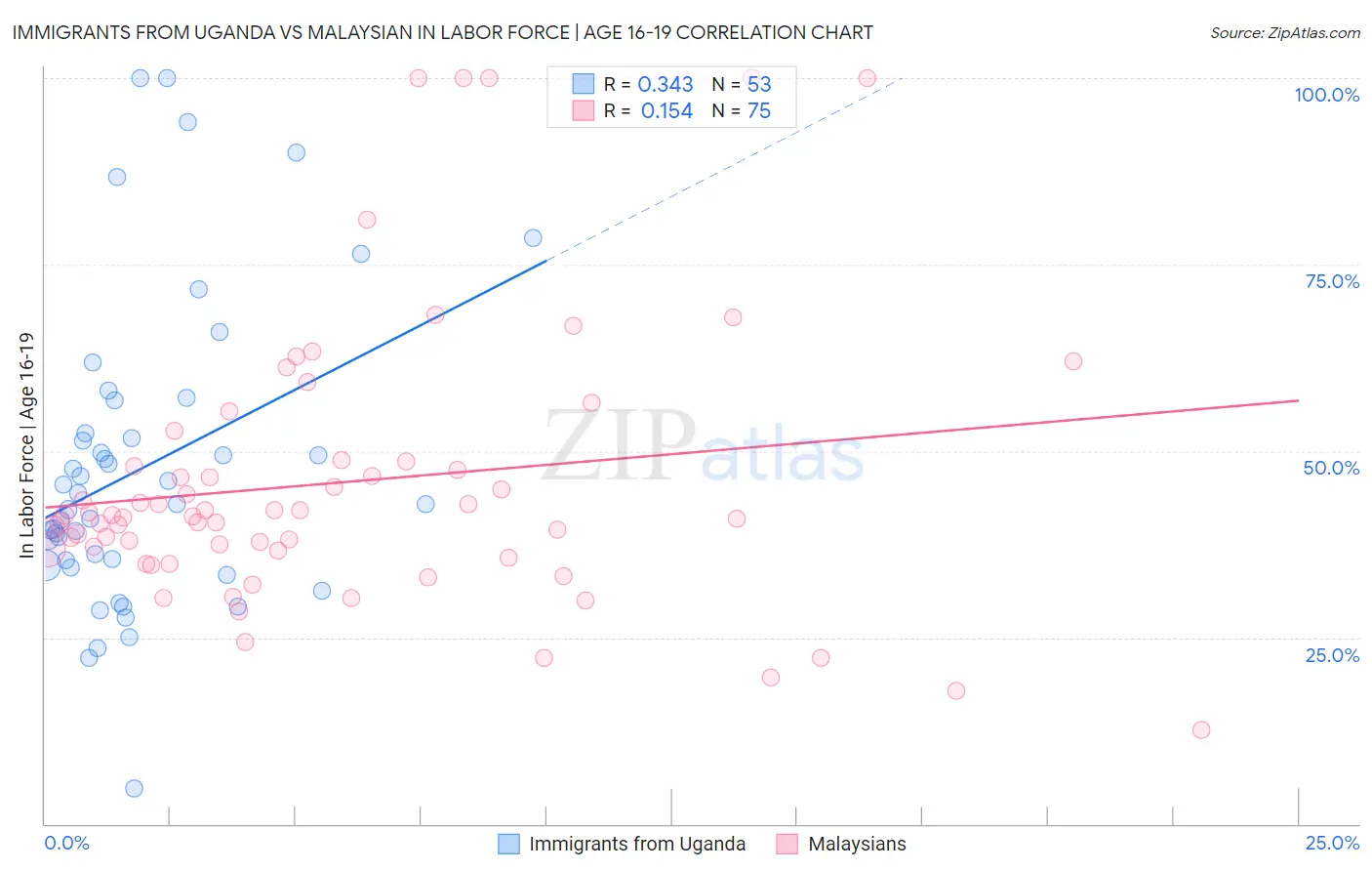 Immigrants from Uganda vs Malaysian In Labor Force | Age 16-19