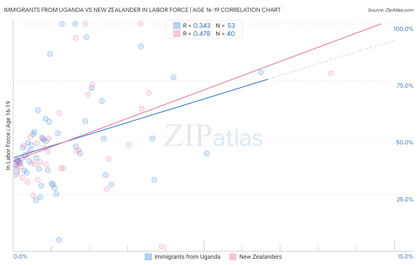 Immigrants from Uganda vs New Zealander In Labor Force | Age 16-19