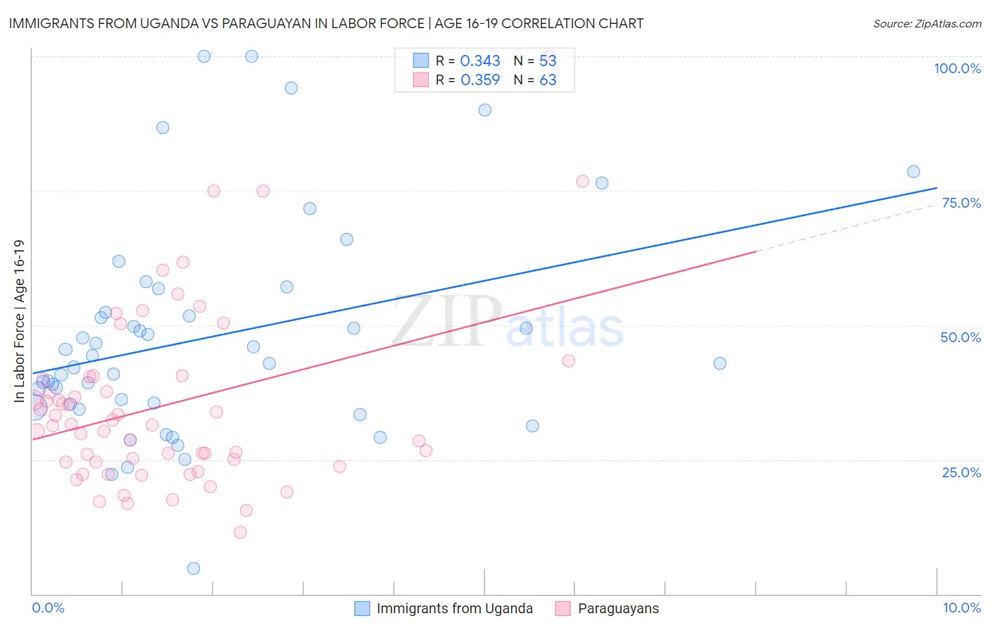 Immigrants from Uganda vs Paraguayan In Labor Force | Age 16-19