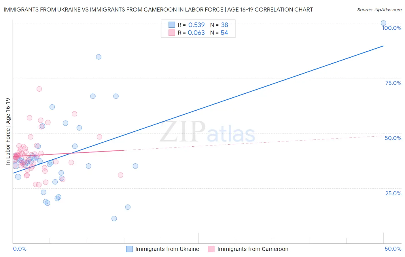 Immigrants from Ukraine vs Immigrants from Cameroon In Labor Force | Age 16-19