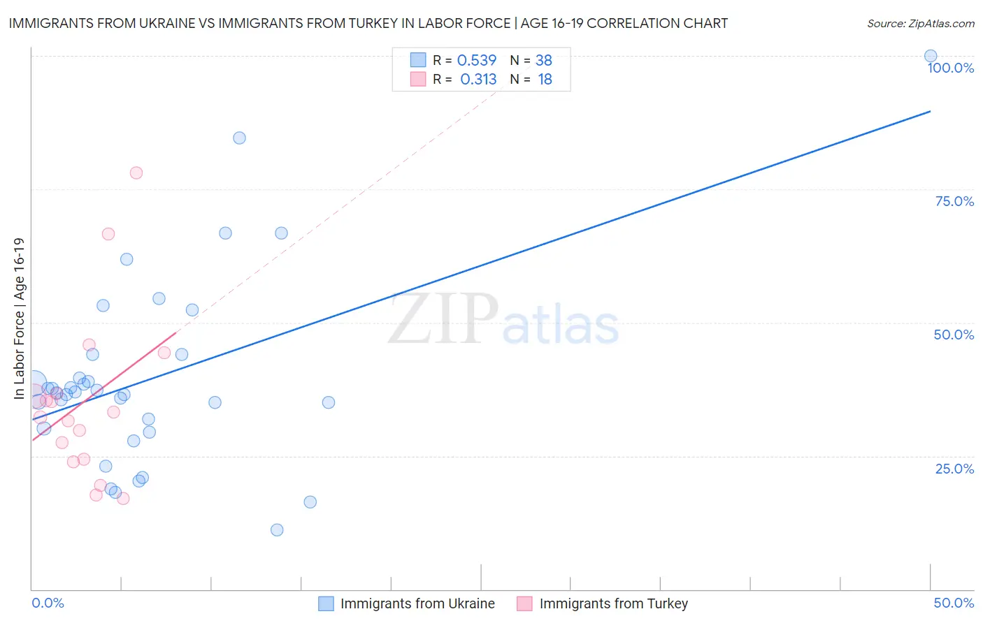 Immigrants from Ukraine vs Immigrants from Turkey In Labor Force | Age 16-19