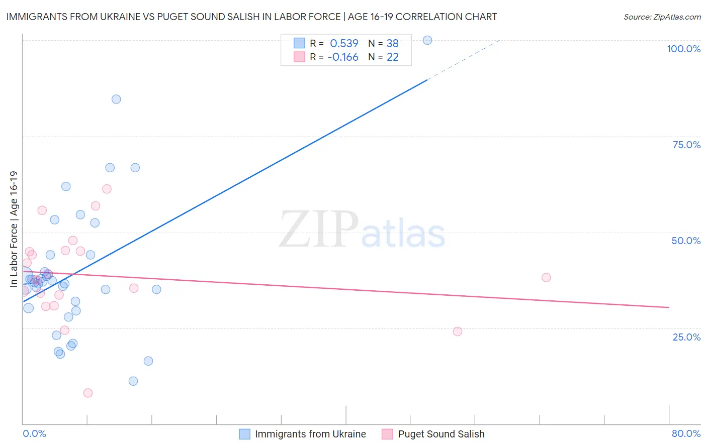 Immigrants from Ukraine vs Puget Sound Salish In Labor Force | Age 16-19