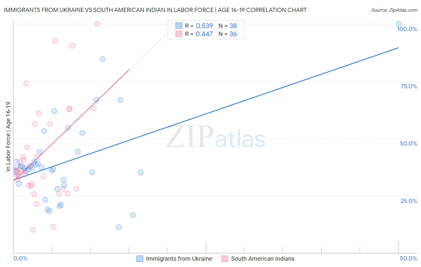 Immigrants from Ukraine vs South American Indian In Labor Force | Age 16-19