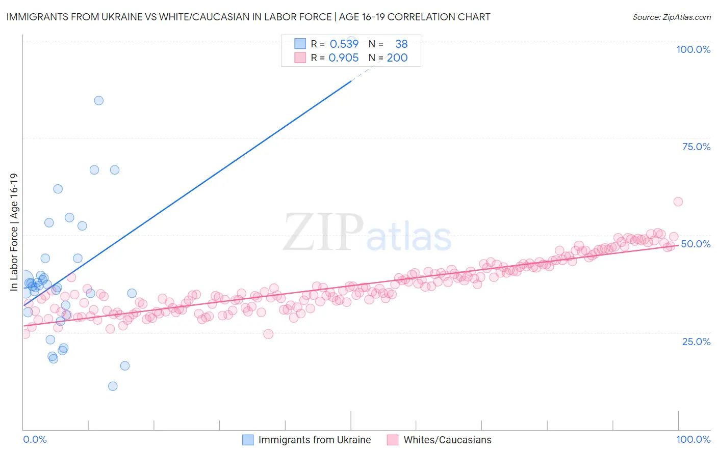 Immigrants from Ukraine vs White/Caucasian In Labor Force | Age 16-19